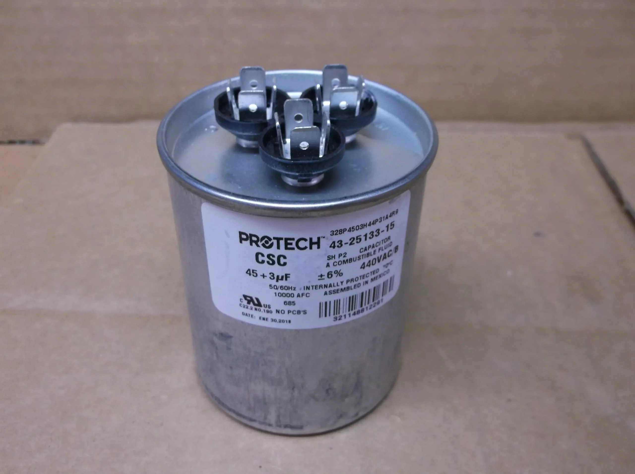 45+3UF x 440VAC Round Dual Run Capacitor