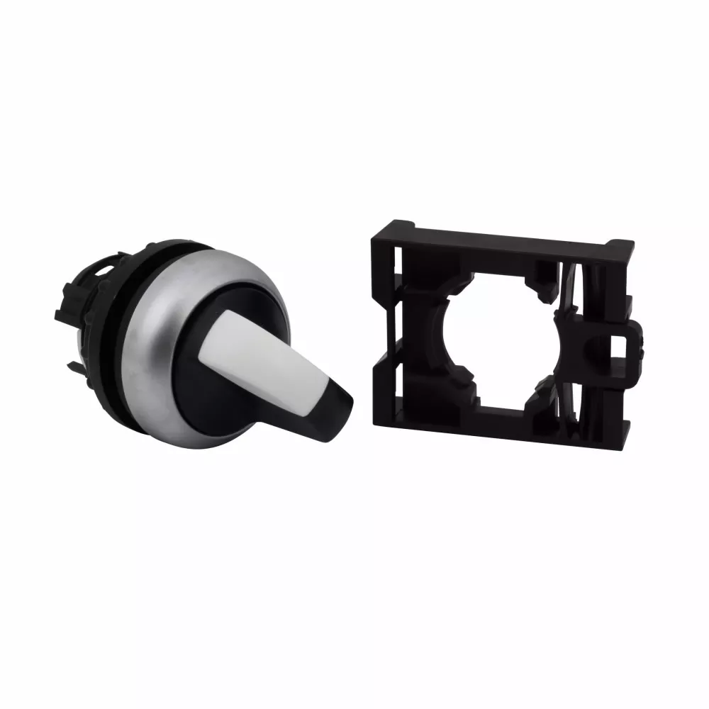 Cutler-Hammer M22-WKV M22 modular pushbutton, M22 Modular Selector Switch Operator, 22.5 mm, Knob, Maintained V, Non-illuminated, Bezel: Silver, Button: Black, IP66, NEMA 4X, 13, Two-Position, V, 100,00