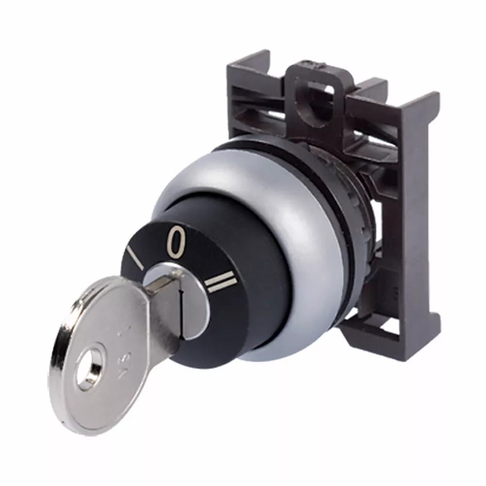 Cutler-Hammer M22-WRS M22 Modular Two Position Key-Operated Selector Switch, 22.5 mm, Maintained, Key removable left/ right, Non-illuminated, Bezel: Silver, Button: Black, MS1, IP66, NEMA 4X, 13, Two-Po