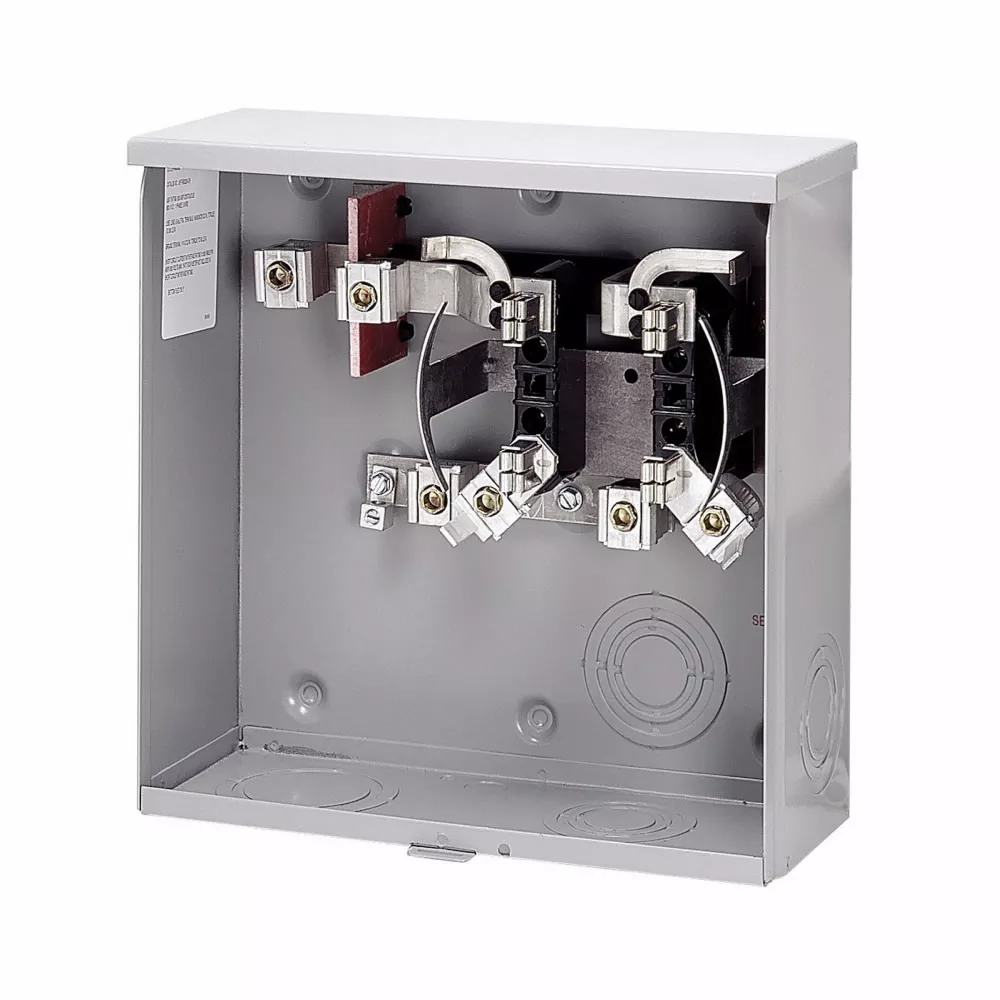 Cutler-Hammer UHTRS223ACH meter socket, 1-pos resi service, 200A, Under, Solid top, #6-350 kcmil, 4-jaw, 1-ph, #8-350 kcmil, Horn bypass, Gnd conn (#14-#2 Cu), Triplex, Three-wire, Ringless, 600 Vac