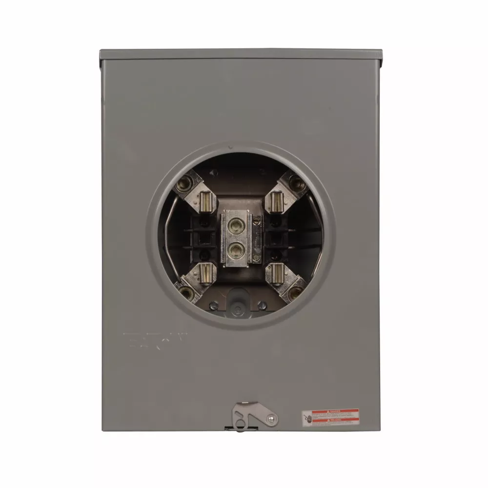 Cutler-Hammer UHTTRS213AE meter socket, 1-pos resi service, 200A, Under, Solid top, #350 kcmil conns, 4-jaw, 1-ph, #350 kcmil conns, Horn bypass, Two grounding conns (#14-#2 Cu), Quadplex, 3-wire, Ringl